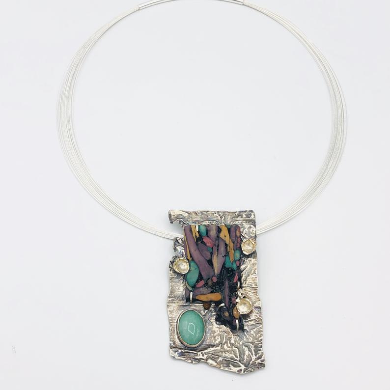 Reticulated Sterling Silver and Heather Handmade Pendant Necklace. Artful Jewelry by DianaHDesigns. One-of-a-kind, Earrings available too! picture