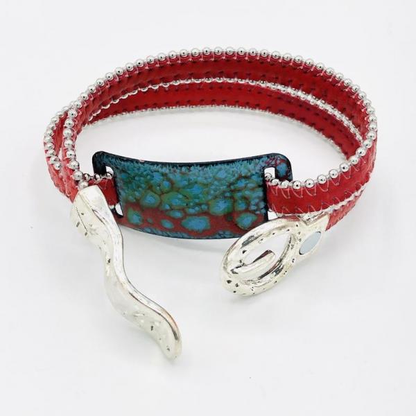 Boho Handmade Red Double Wrap Leather Bracelet. Stainless Steel, Enamel and a Magnetic Buckle Clasp all in one Bracelet! By DianaHDesigns picture