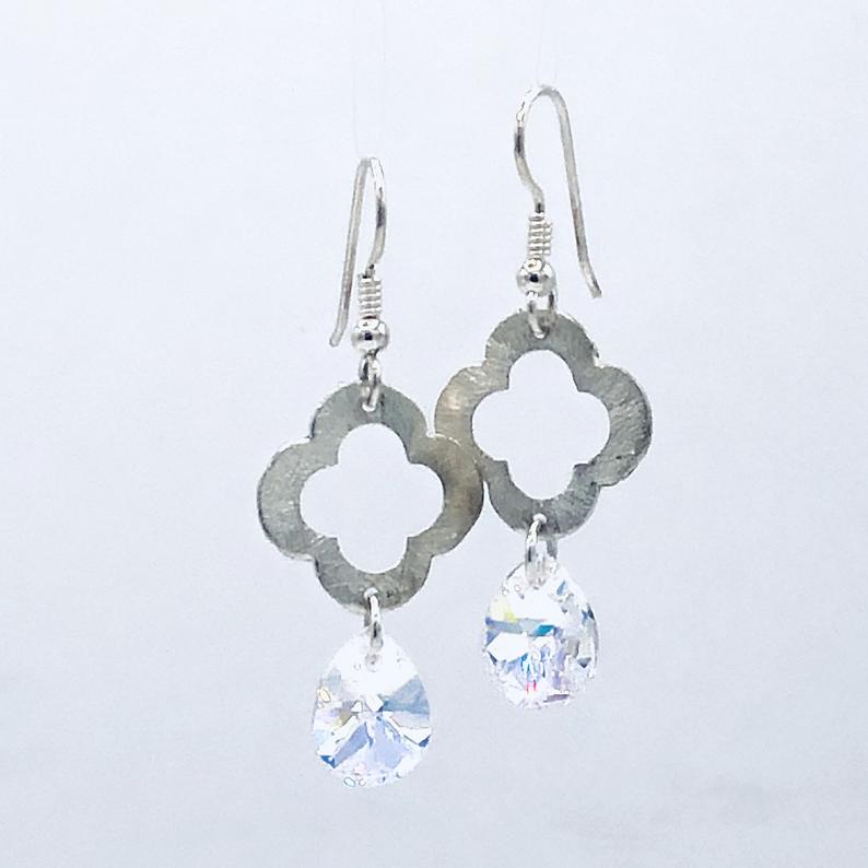 Sterling Silver/Swarovski Dangle Earrings Flower/Four Leaf Clover shape textured sterling silver by DianaHDesigns Artful Handmade Jewelry! picture