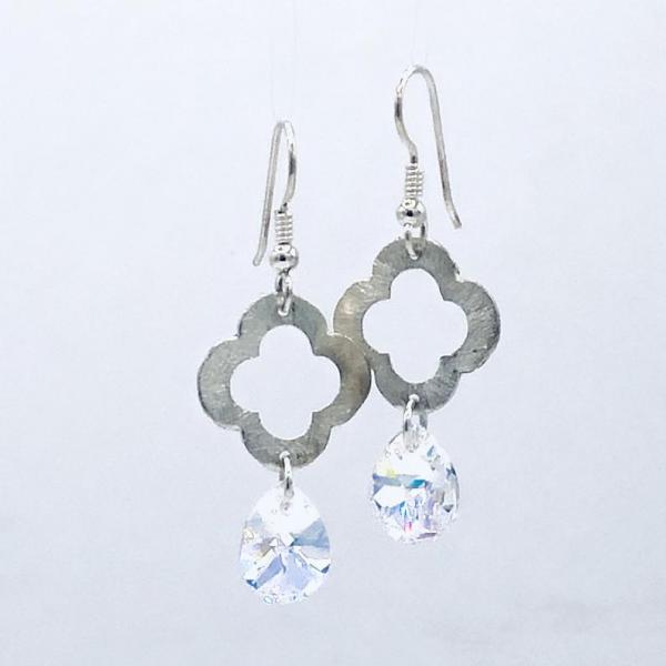 Sterling Silver/Swarovski Dangle Earrings Flower/Four Leaf Clover shape textured sterling silver by DianaHDesigns Artful Handmade Jewelry! picture
