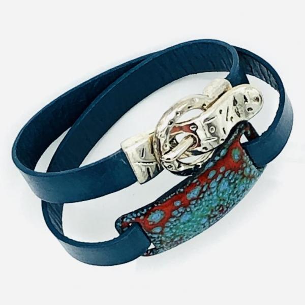 Blue Leather Double Wrap Bracelet with Handmade Colorful Enamel Slide & Magnetic Buckle Clasp in Center, Unique Artisan Wrap. DianaHDesigns picture