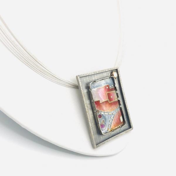Architectural, Modern Handmade Cloisonné/Sterling Silver Necklace by DianaHDesigns. Pink, Orange, Red, White/Grey Enamel, Choice of chain! picture