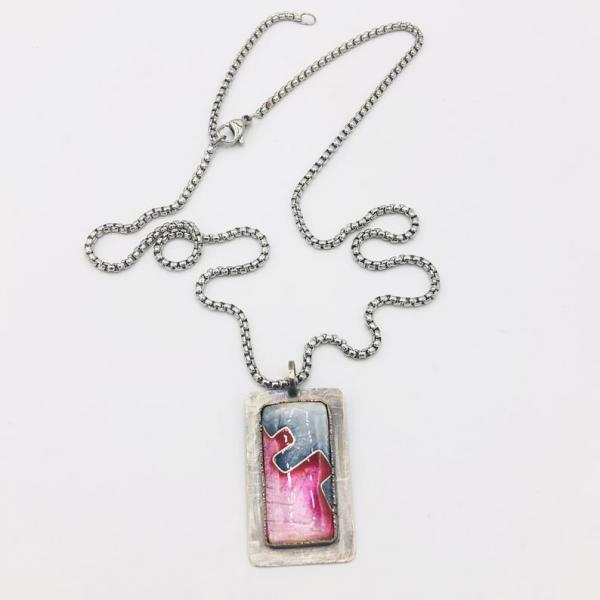 Diana Hirschhorn Modern Elegant Necklace Pink/Grey Cloisonné Enamel/Sterling Silver Contemporary, Geometric, One-of-a-Kind. Choice of chain! picture