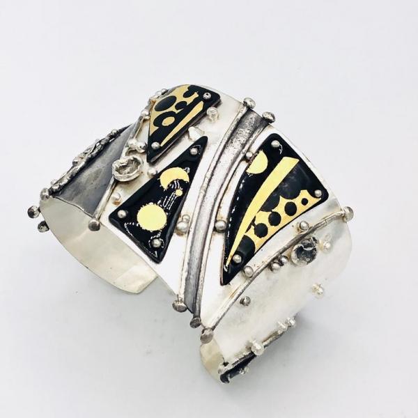 Sun/Moon/Stars reticulated sterling silver/24K gold/enamel cuff bracelet! Bold statement piece by DianaHDesigns/Artful Handmade Jewelry. picture