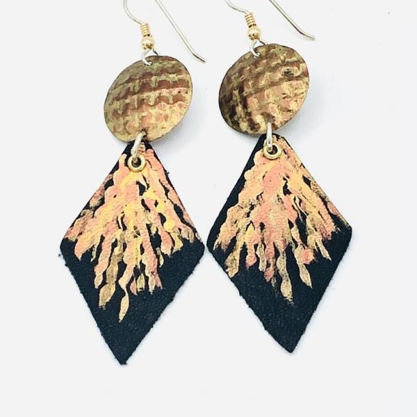 Gorgeous fall colors! Hand painted bold leather/aluminum earrings geometric shapes black/copper lightweight. Handmade by Diana Hirschhorn! picture