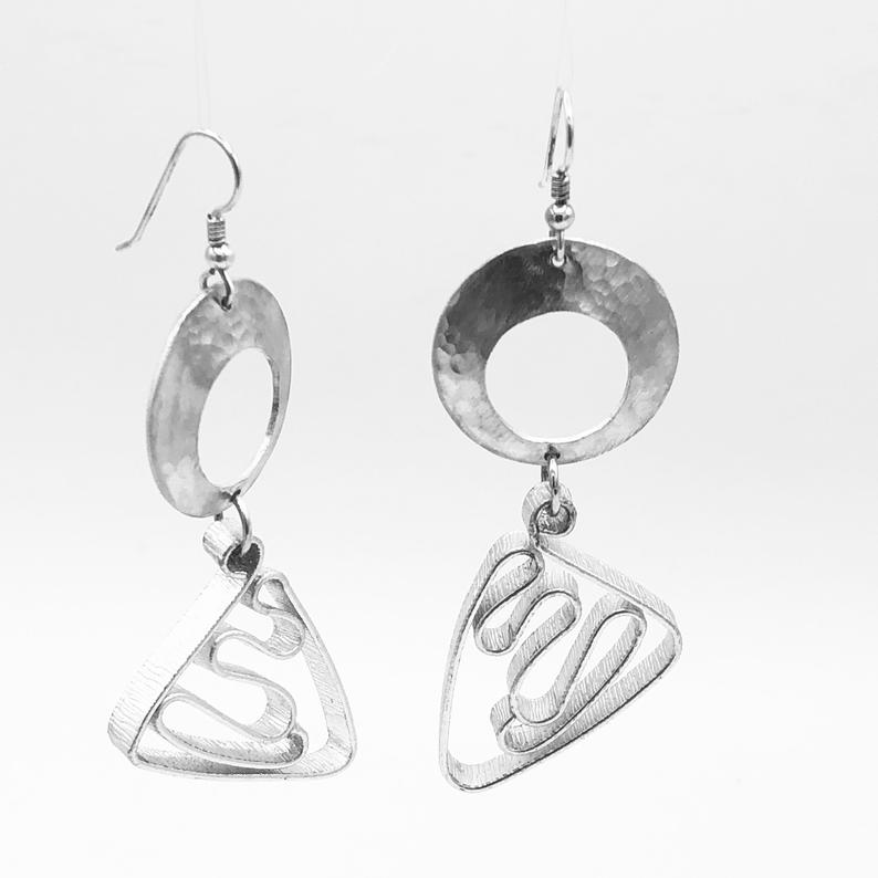 Cosmic geometric fun! Silver aluminum statement earrings by DianaHDesigns. Handmade, contemporary, geometric and lightweight! Only pair! picture