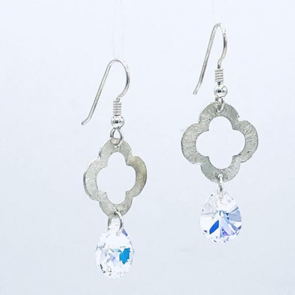 Sterling Silver/Swarovski Dangle Earrings Flower/Four Leaf Clover shape textured sterling silver by DianaHDesigns Artful Handmade Jewelry! picture