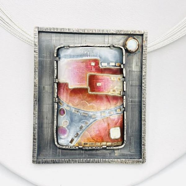 Architectural, Modern Handmade Cloisonné/Sterling Silver Necklace by DianaHDesigns. Pink, Orange, Red, White/Grey Enamel, Choice of chain! picture