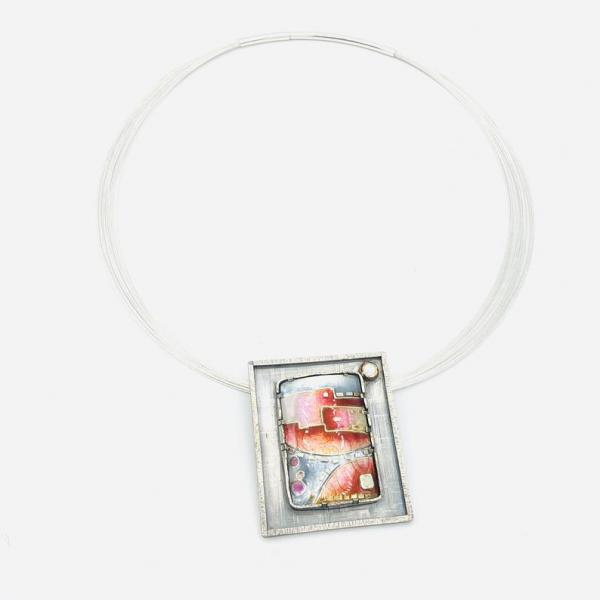 Architectural, Modern Handmade Cloisonné/Sterling Silver Necklace by DianaHDesigns. Pink, Orange, Red, White/Grey Enamel, Choice of chain! picture