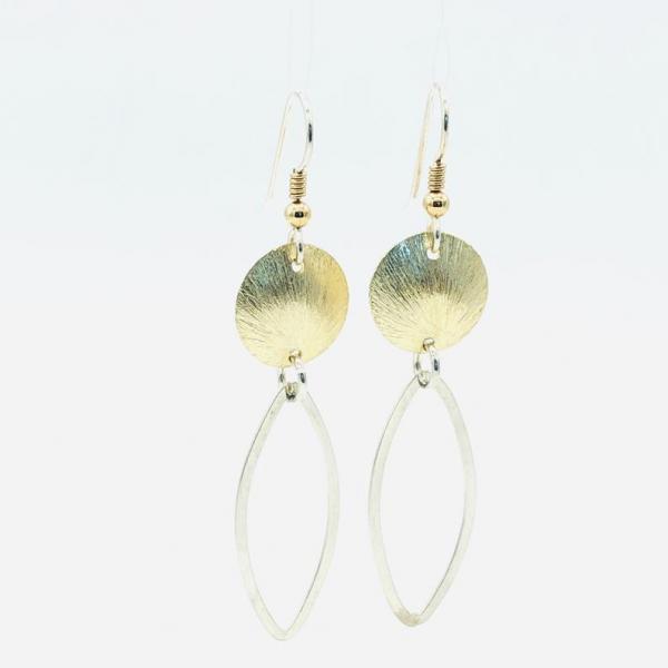 Modern gold/silver design earrings open oval/marquis leaf shape dangle from domed disc. Geometric, textured, lightweight, sterling earwires picture