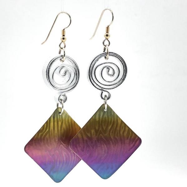 Rainbow modern handmade titanium geometric statement earrings boldy contemporary! Textured, one-of-a-kind, pierced dangles by DianaHDesigns