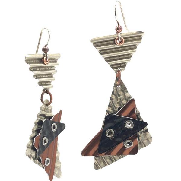 Architectural, modern, geometric earrings. 3 dimensional! Edgy with lots of textures & rivets. Artful Handmade Jewelry by DianaHDesigns! picture