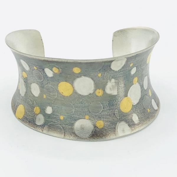 Celestial starry night sky bold, modern cuff bracelet 24k gold polka dots/sterling handmade DianaHDesigns. Adjustable, one-of-a-kind, fun! picture