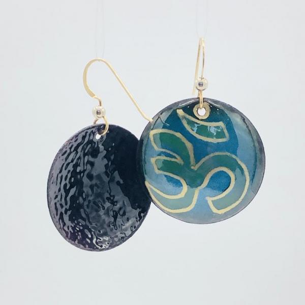 Yoga om earrings handmade, handpainted teal blue/green/gold vitreous enamel w/ gold-plated ear wires, one-of-a-kind, fun perfect for a yogi! picture