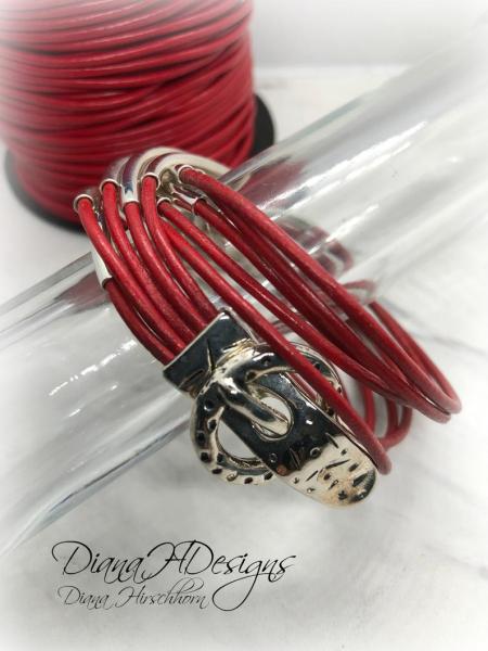 Red Leather Multi-Strand Double Wrap Bracelet with Silver Tone Beads, Magnetic Buckle Clasp. Artful Handmade Jewelry by Diana Hirschhorn picture