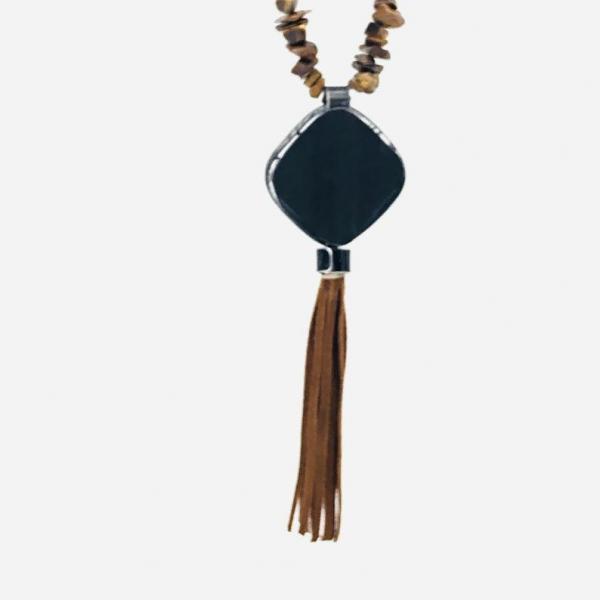 Handmade Fused glass & Tigers Eye Jasper Long Necklace w/ Tassel. "Eye of the Tiger" Beaded One-of-a-kind necklace by Diana Hirschhorn picture