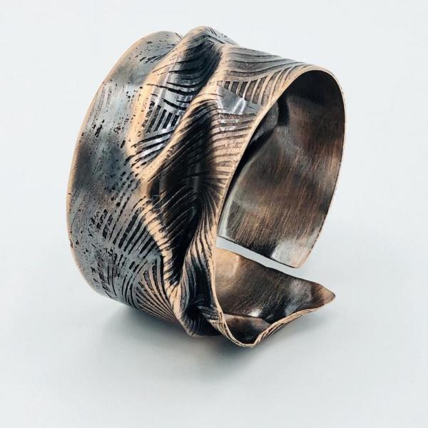Copper cuff bracelet handmade, hand-drawn etched design unique, one-of-a-kind, fold-formed, organic, adjustable & gorgeous. By DianaHDesigns picture