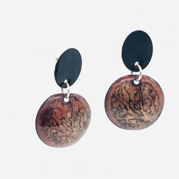Enamel post earrings. Etched design in fall colors black/coppery gold. Modern, unique and fun. Artful Handmade Jewelry by DianaHDesigns!