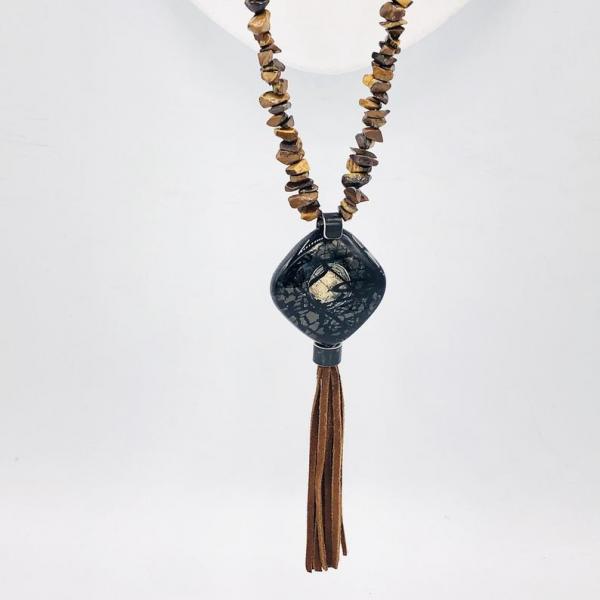 Handmade Fused glass & Tigers Eye Jasper Long Necklace w/ Tassel. "Eye of the Tiger" Beaded One-of-a-kind necklace by Diana Hirschhorn picture