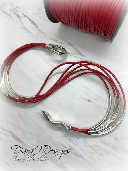 Red Leather Multi-Strand Double Wrap Bracelet with Silver Tone Beads, Magnetic Buckle Clasp. Artful Handmade Jewelry by Diana Hirschhorn picture