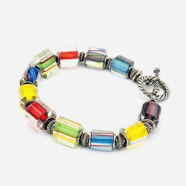 DianaHDesigns Artisan Colorful Stackable Bracelet is Beaded with Rainbow Cane Glass, Silver Plated Beads & Toggle Clasp. Handmade, Only One picture