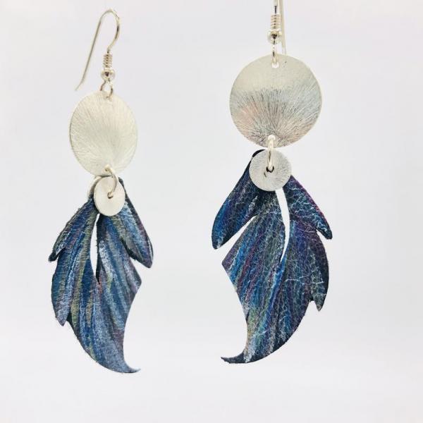 Leather feather earrings geometric, modern design. Hand painted recycled leather, one-of-a-kind. Artful Handmade Jewelry by DianaHDesigns! picture