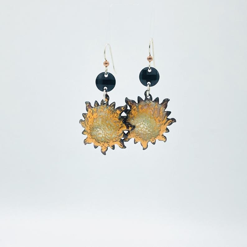 Swarovski crystal cosmic, celestial star burst/sunshine earrings handmade pierced. Colorful orange, gold & black enamel. By DianaHDesigns! picture