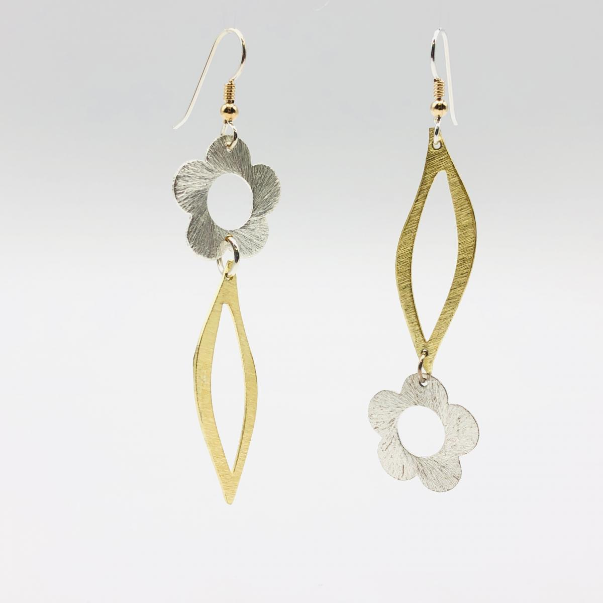 Asymmetrical flower and leaf design earrings in gold/silver tones. Fun, bold, elegant, lightweight & sexy statement dangles by DianaHDesigns picture