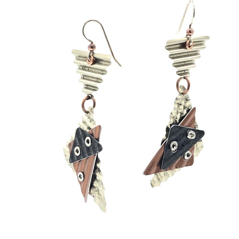 Architectural, modern, geometric earrings. 3 dimensional! Edgy with lots of textures & rivets. Artful Handmade Jewelry by DianaHDesigns! picture