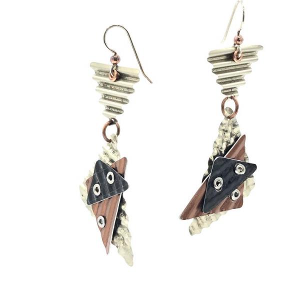 Architectural, modern, geometric earrings. 3 dimensional! Edgy with lots of textures & rivets. Artful Handmade Jewelry by DianaHDesigns! picture