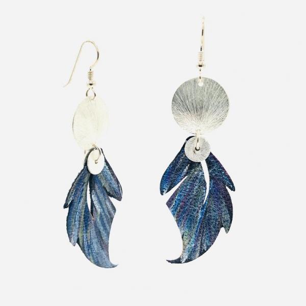 Leather feather earrings geometric, modern design. Hand painted recycled leather, one-of-a-kind. Artful Handmade Jewelry by DianaHDesigns! picture