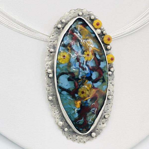 Handmade by Diana Hirschhorn...Yellow Daisy Water Garden Pendant Sterling Silver/Vitreous Enamel, optional Multi-Cable Neck Wire. So unique! picture