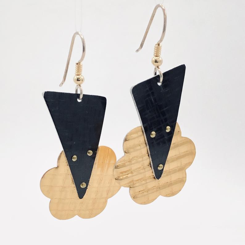 Lightweight aluminum earrings lightning bolt/sun/flower shape in bold black/gold. Textures, rivets add depth & dimension. By DianaHDesigns picture