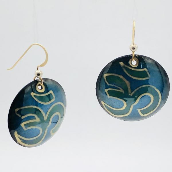 Yoga om earrings handmade, handpainted teal blue/green/gold vitreous enamel w/ gold-plated ear wires, one-of-a-kind, fun perfect for a yogi! picture