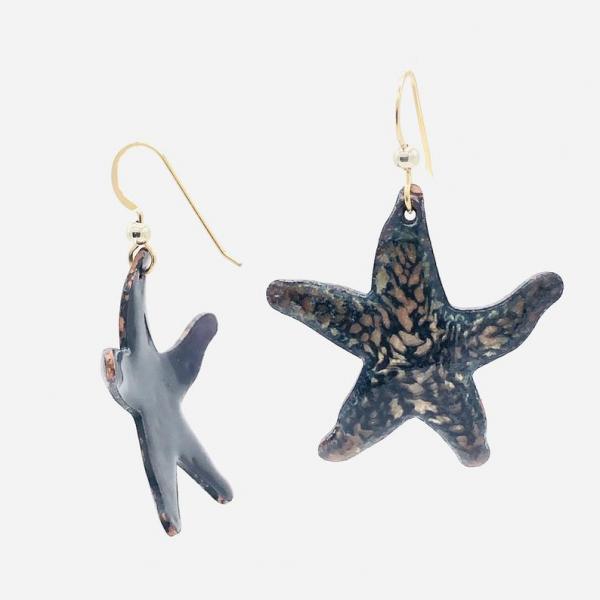 Handmade star shaped dangle earrings. Holiday style starfish in black/gold enamel. Beachy, tropical, fun! Artful Jewelry by DianaHDesigns picture