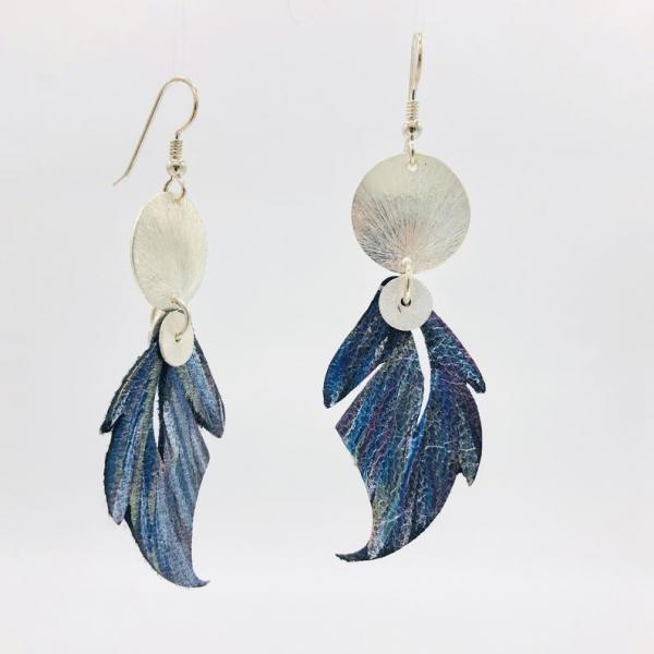 Leather feather earrings geometric, modern design. Hand painted recycled leather, one-of-a-kind. Artful Handmade Jewelry by DianaHDesigns! picture