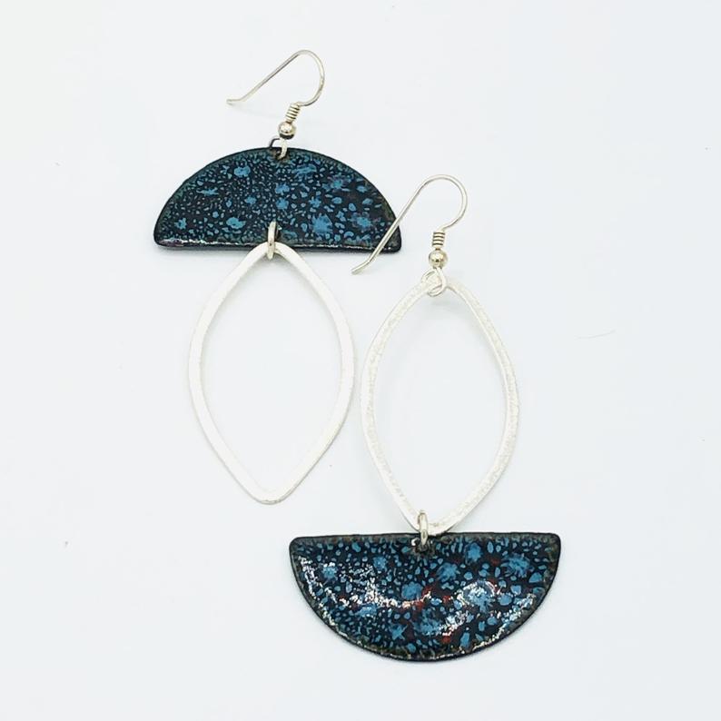 Asymmetrical half-moon shape earrings in blue/brown enamel dangle gracefully, sterling ear wires. Artful Handmade Jewelry by DianaHDesigns! picture