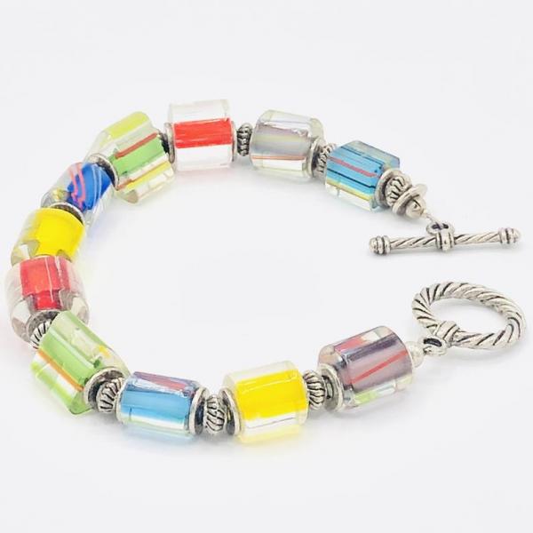 DianaHDesigns Artisan Colorful Stackable Bracelet is Beaded with Rainbow Cane Glass, Silver Plated Beads & Toggle Clasp. Handmade, Only One