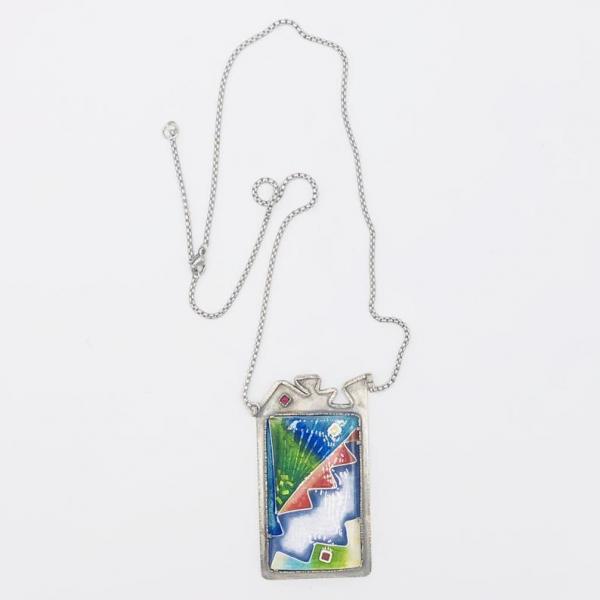 Contemporary, Modern Cloisonné Enamel & Sterling Silver Handmade Artful Necklace by DianaHDesigns. Rainbow...so many colors! Lovely chain! picture