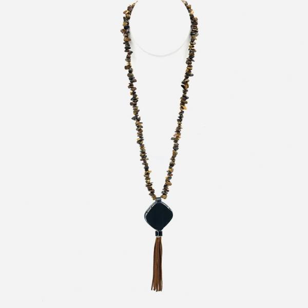 Handmade Fused glass & Tigers Eye Jasper Long Necklace w/ Tassel. "Eye of the Tiger" Beaded One-of-a-kind necklace by Diana Hirschhorn picture