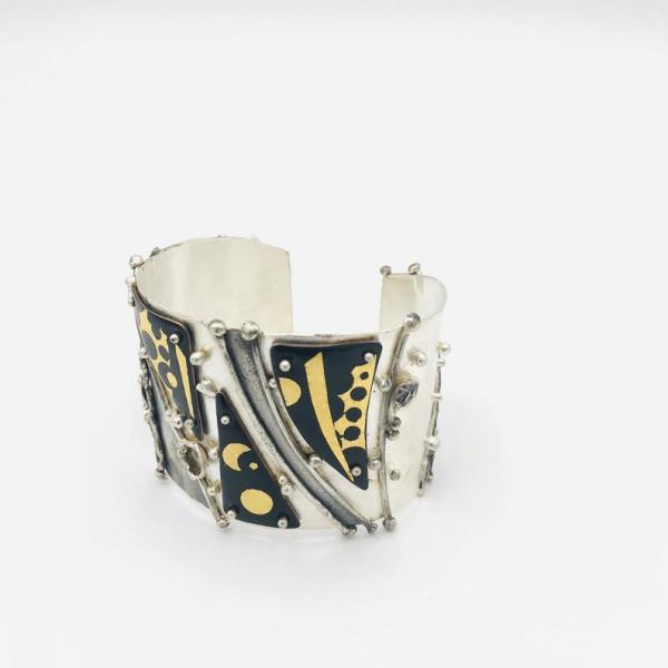 Sun/Moon/Stars reticulated sterling silver/24K gold/enamel cuff bracelet! Bold statement piece by DianaHDesigns/Artful Handmade Jewelry. picture