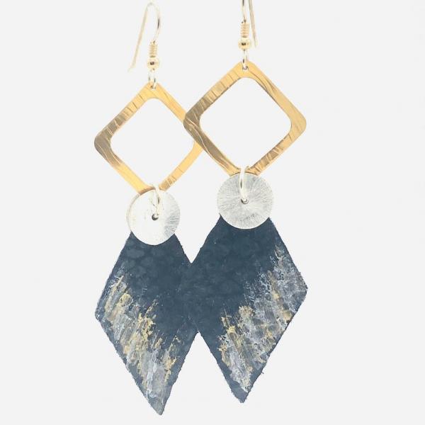 Leather handmade, hand painted modern earrings black/gold/silver. Geometric, bold, lightweight and one-of-a-kind Jewelry by DianaHDesigns! picture