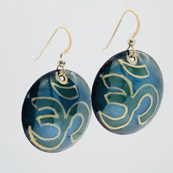 Yoga om earrings handmade, handpainted teal blue/green/gold vitreous enamel w/ gold-plated ear wires, one-of-a-kind, fun perfect for a yogi! picture