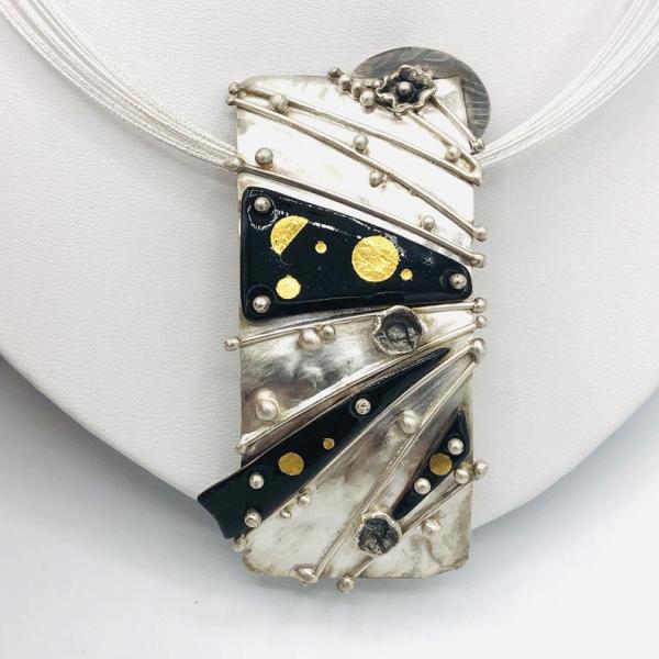 Diana Hirschhorn Handmade Sun/Moon/Stars reticulated sterling silver/24K gold/enamel statement pendant necklace! Art Jewelry Custom Order! picture