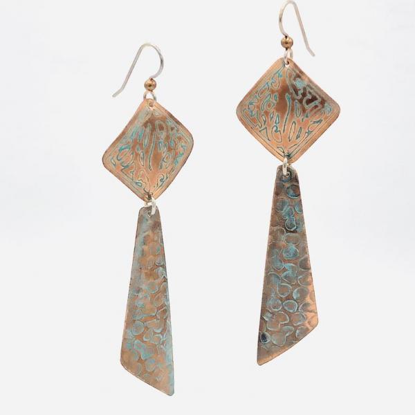 Long modern geometric copper pierced dangle earrings w/ boho flair! Handmade by DianaHDesigns! Etched, textured design, aged green patina. picture