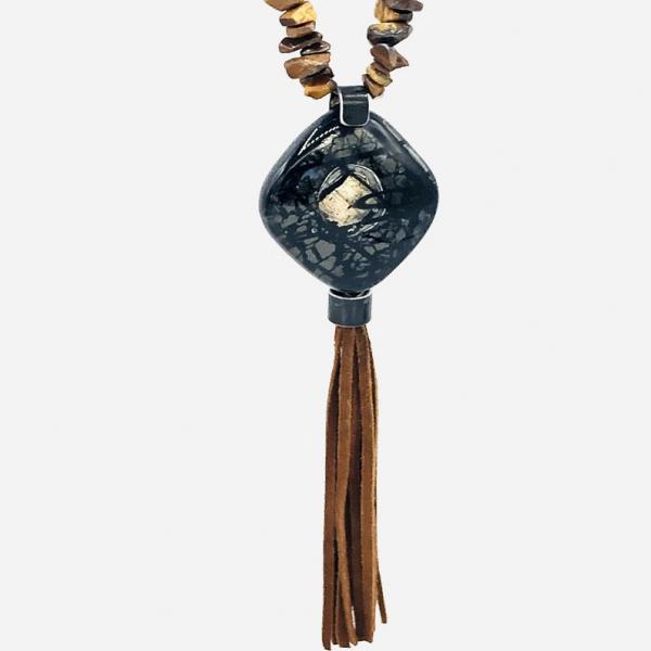 Handmade Fused glass & Tigers Eye Jasper Long Necklace w/ Tassel. "Eye of the Tiger" Beaded One-of-a-kind necklace by Diana Hirschhorn picture