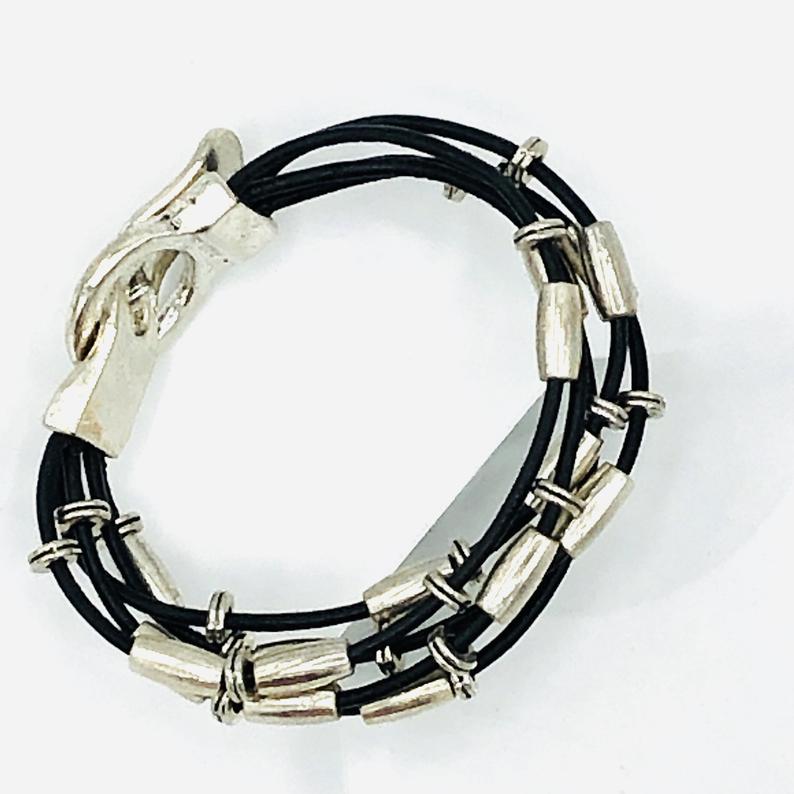 Black Leather Bracelet Magnetic Clasp Stackable Wrap Handmade Artisan Multi-Strand One-of-a-Kind with Silver tone beads, supple leather cord picture