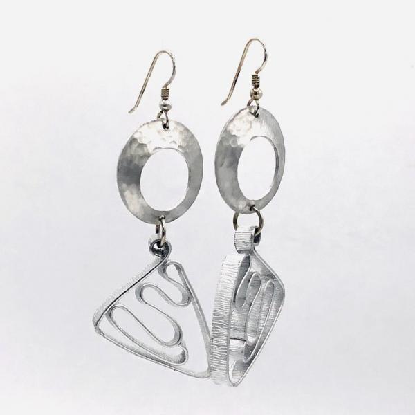 Cosmic geometric fun! Silver aluminum statement earrings by DianaHDesigns. Handmade, contemporary, geometric and lightweight! Only pair! picture