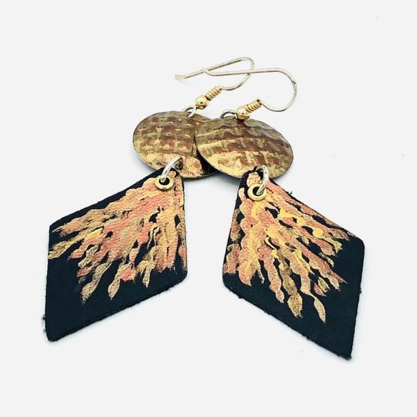 Gorgeous fall colors! Hand painted bold leather/aluminum earrings geometric shapes black/copper lightweight. Handmade by Diana Hirschhorn! picture