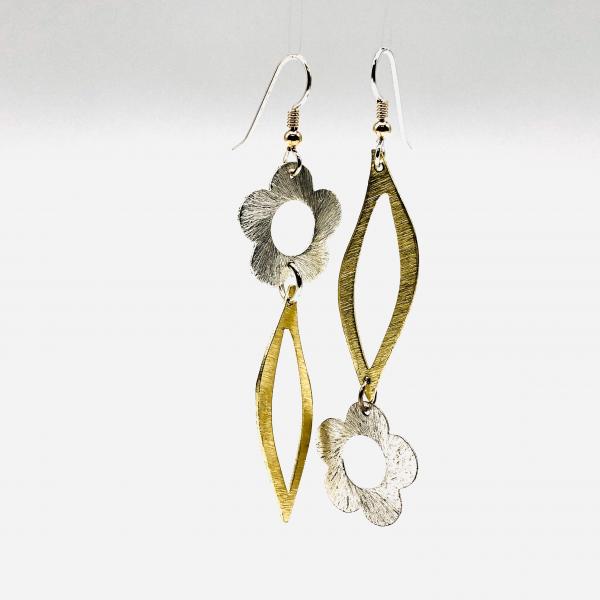 Asymmetrical flower and leaf design earrings in gold/silver tones. Fun, bold, elegant, lightweight & sexy statement dangles by DianaHDesigns picture